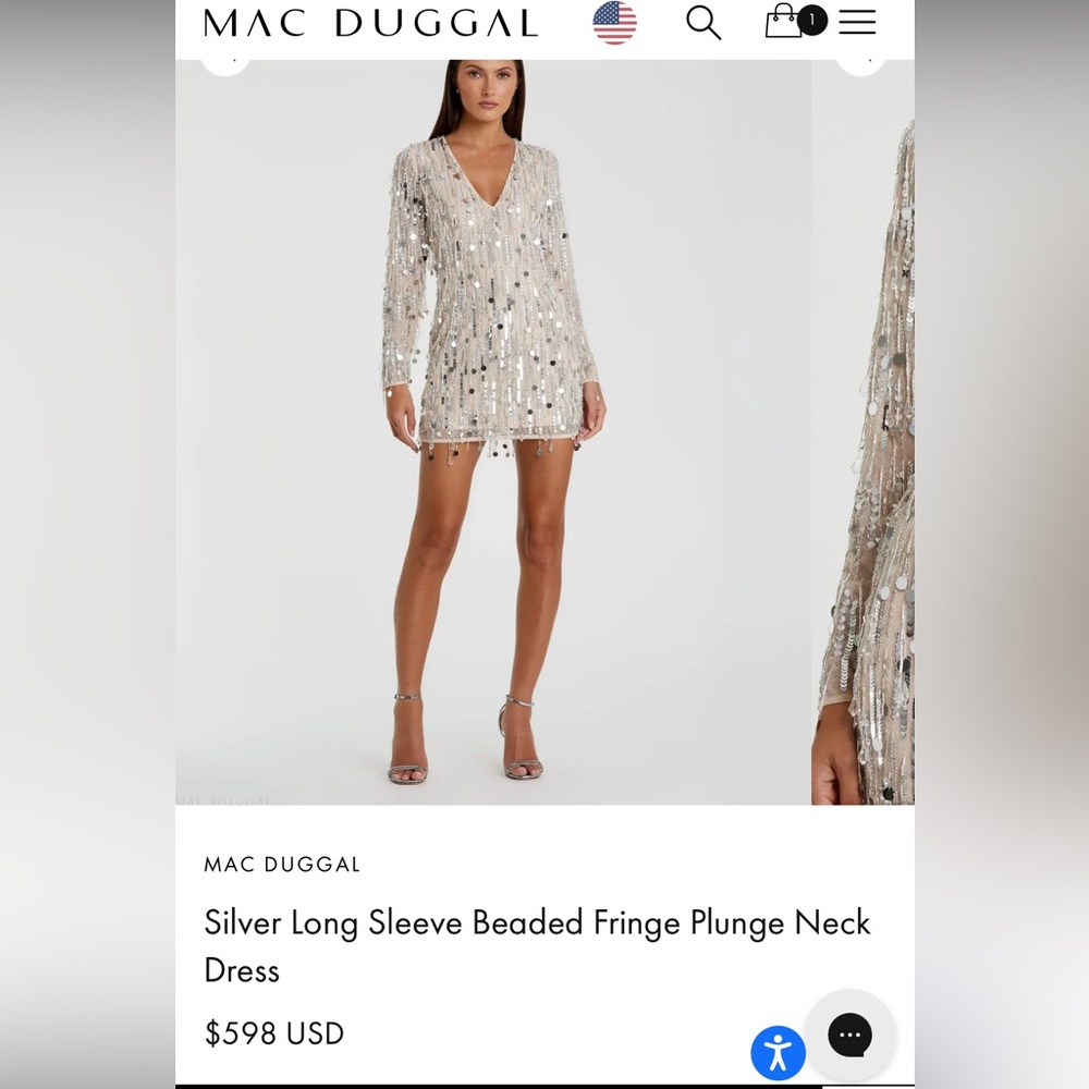 Mac Duggal Silver Long Sleeve Beaded Fringe Plunge Neck Mini Dress NWT